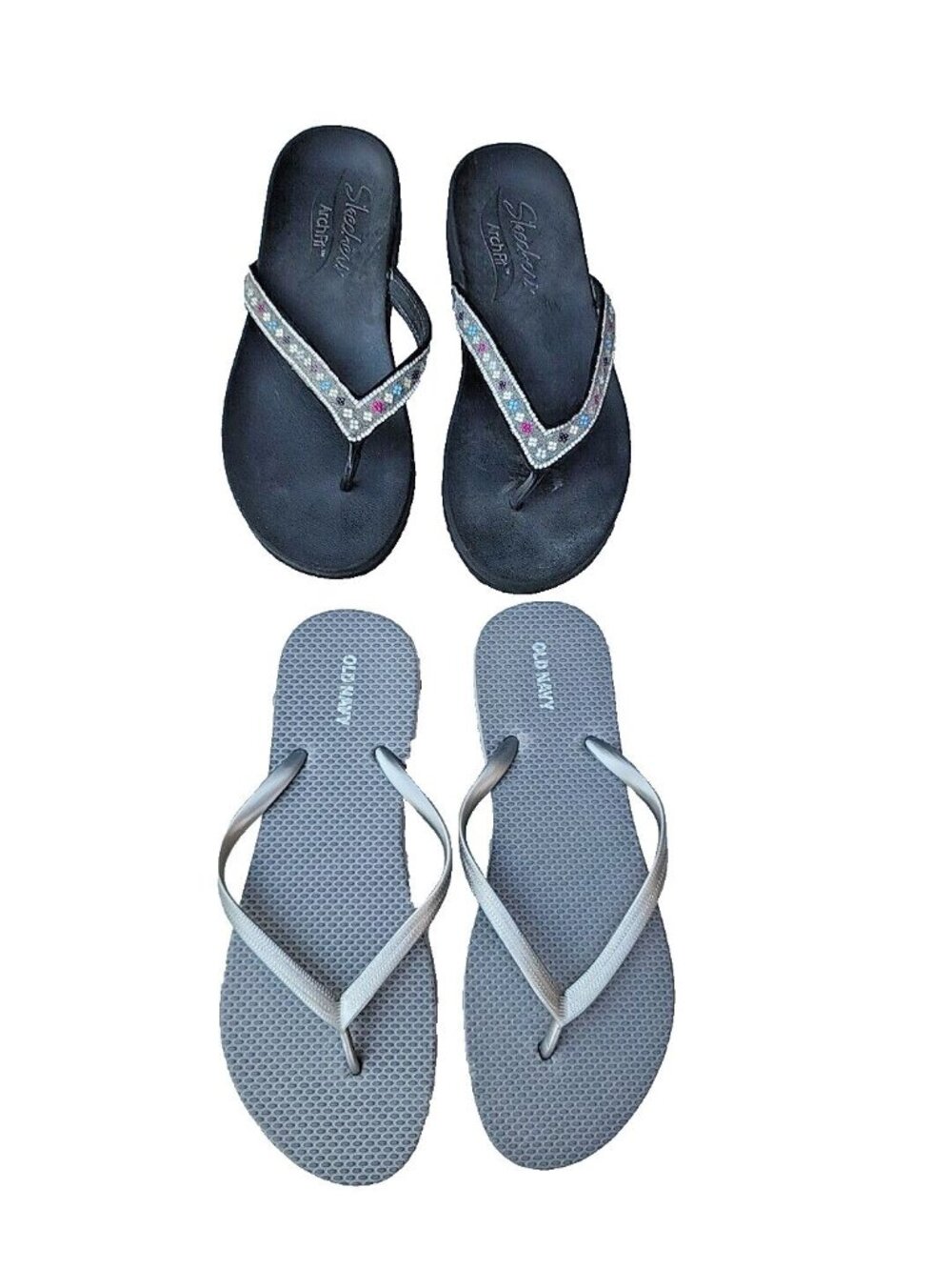 Lot Of Black Skechers Arch Fit & Grey Old Navy Women's Flip Flop Sandals Sz 8